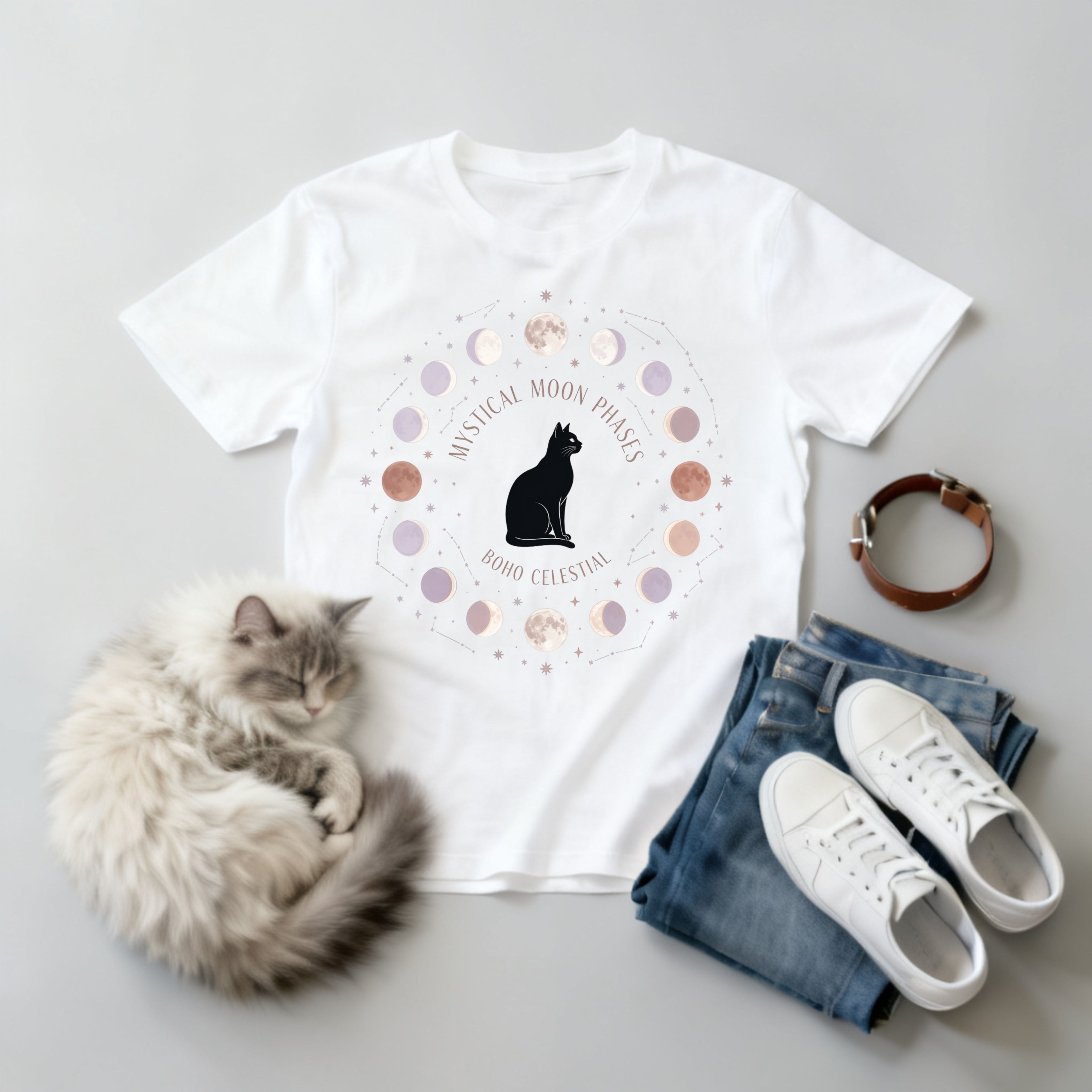 Mystical Moon Phases Boho Celestial T-Shirt — Black Cat Moon Phase Design