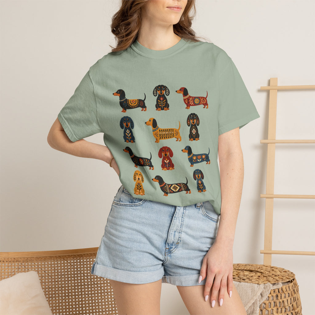 Dachshund Folk Art T-Shirt — 12 Nordic Pattern Wiener Dogs