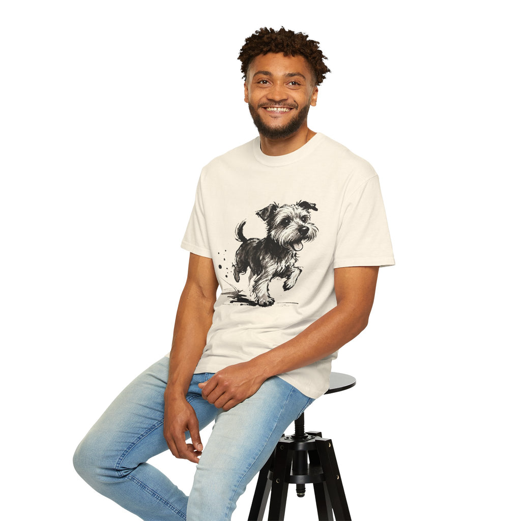 Wire‑Haired Terrier Puppy Running T-Shirt — Energetic Ink Sketch Design