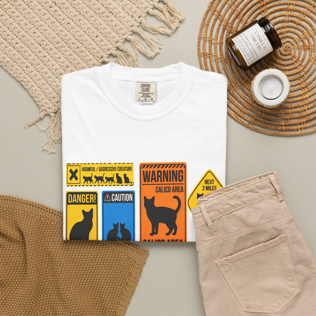 Cat Warning Signs Graphic T-Shirt — Humorous Multi-Panel Cat Hazard Tee