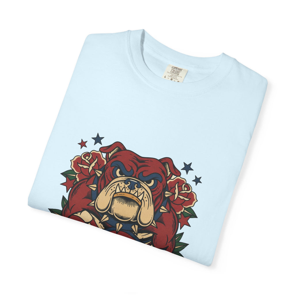 True Grit English Bulldog T-Shirt — Traditional Tattoo Rose Design