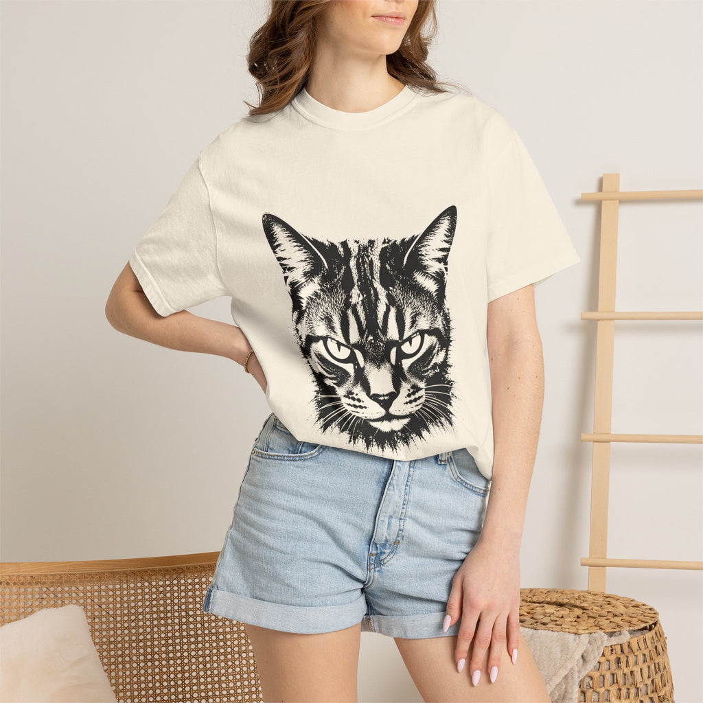 Tabby Cat Ink Portrait T-Shirt — Monochrome Fierce Cat Graphic