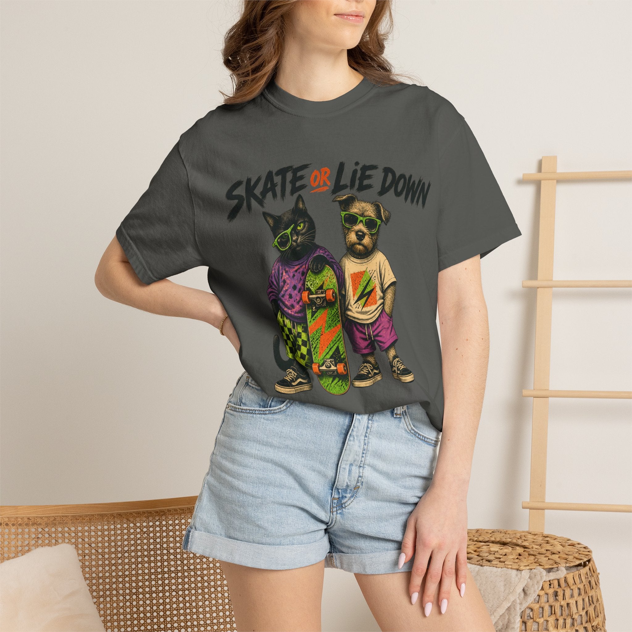 Skate or Lie Down T-Shirt — 90s Retro Skate Cat & Dog Graphic