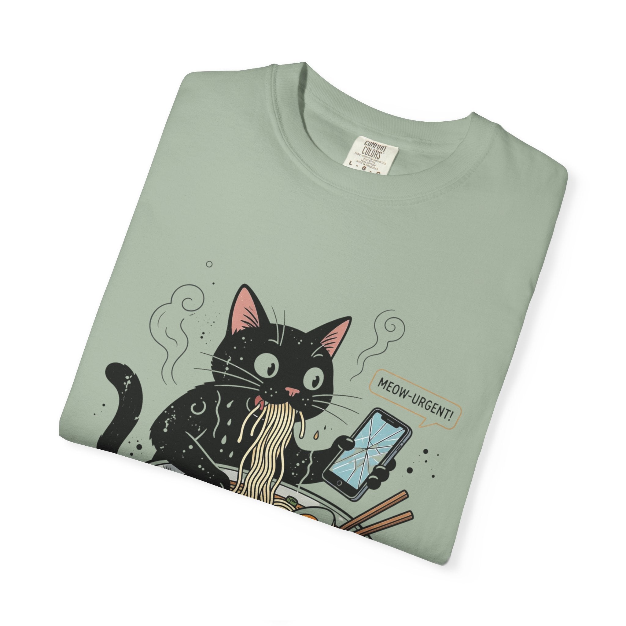 Startled Black Cat Eating Ramen T-Shirt — "MEOW-URGENT!"