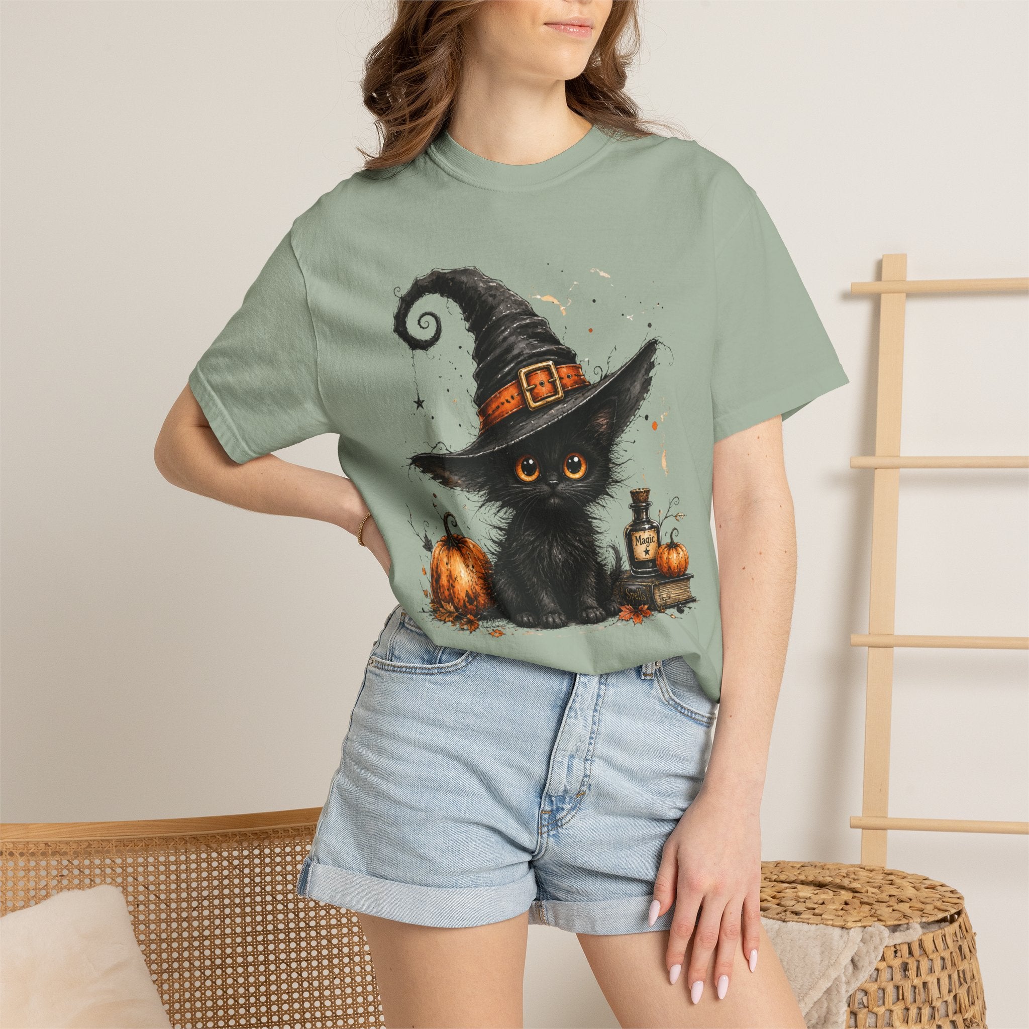 Fluffy Black Kitten Witch T-Shirt — 'Magic' Spellbook Halloween Tee