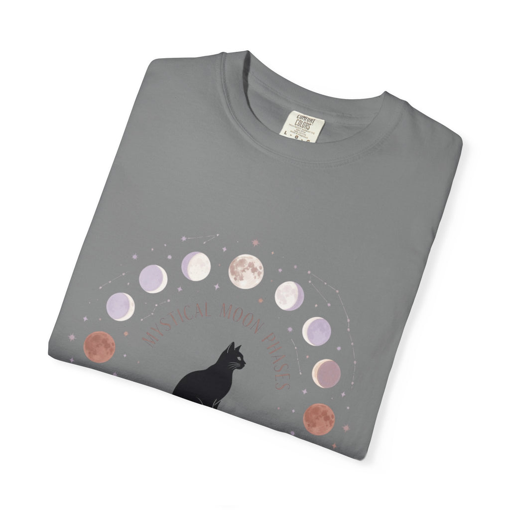 Mystical Moon Phases Boho Celestial T-Shirt — Black Cat Moon Phase Design