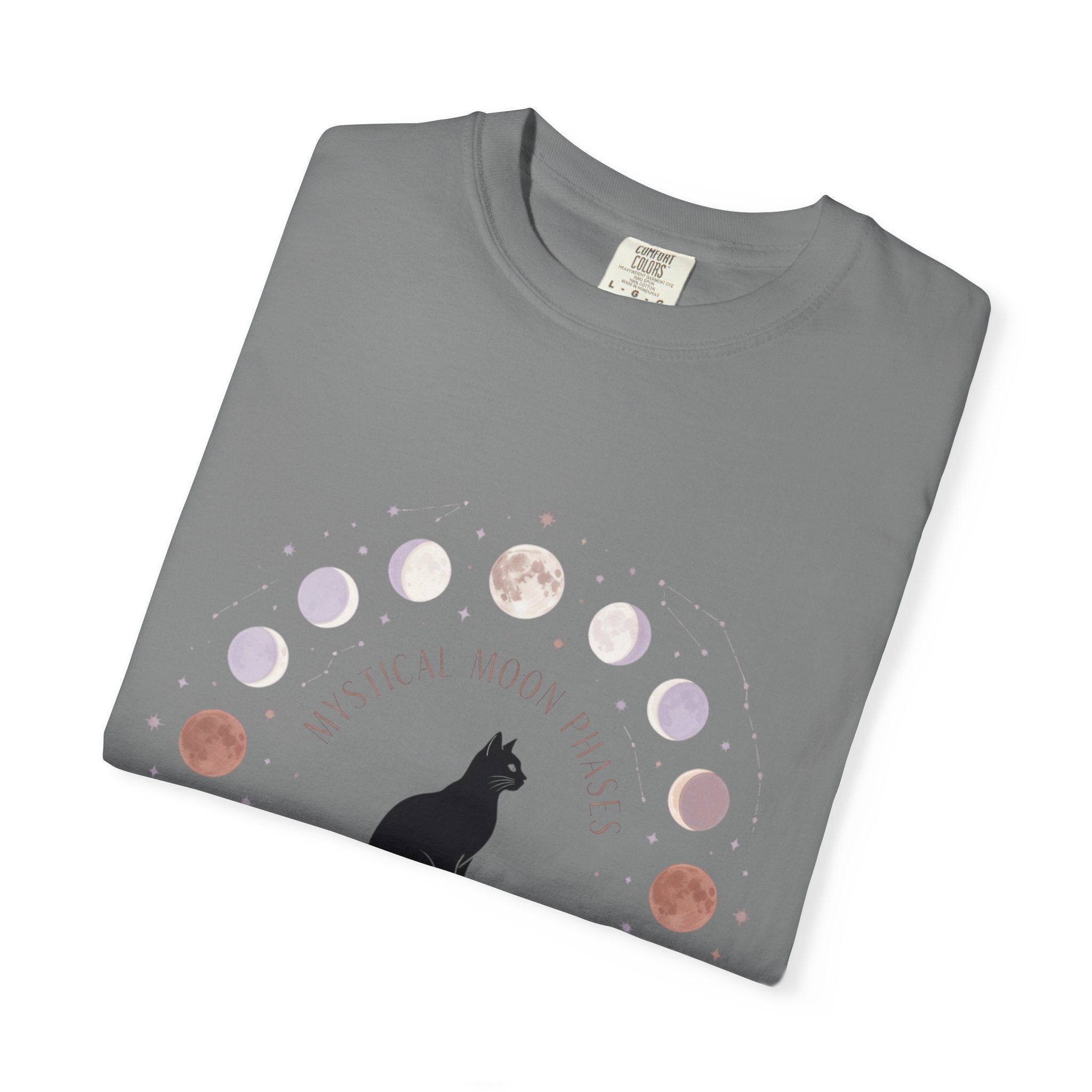 Mystical Moon Phases Boho Celestial T-Shirt — Black Cat Moon Phase Design
