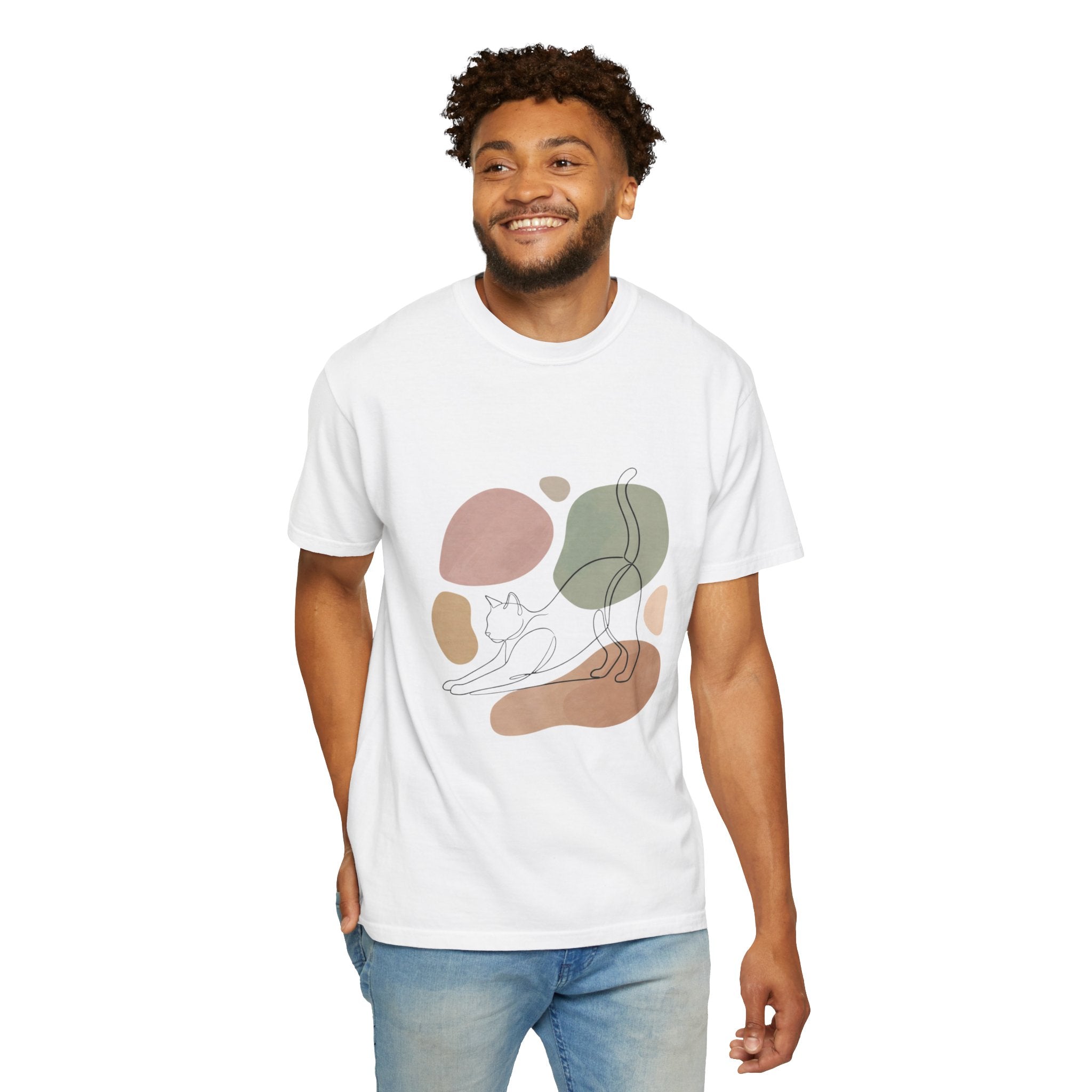 Cat Stretch Line Art T-Shirt — Minimal Boho Scandinavian Pet Graphic