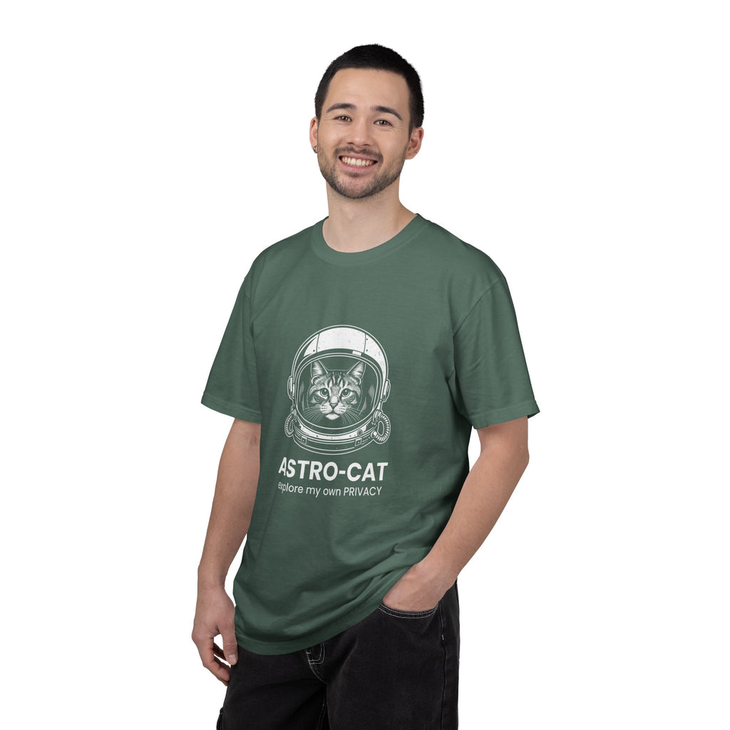 Astro-Cat Tabby Helmet T-Shirt — "explore my own PRIVACY" Retro Space Tee