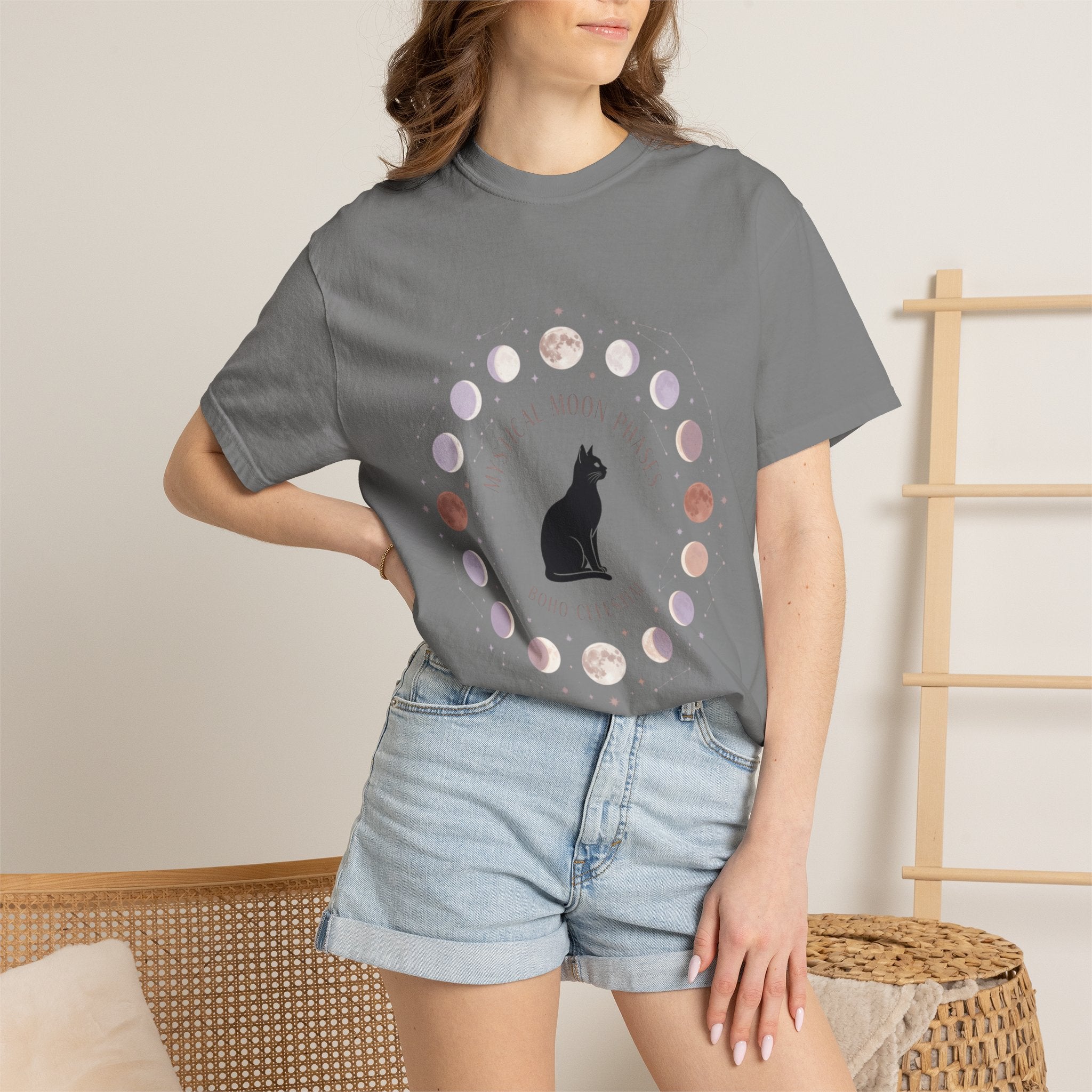 Mystical Moon Phases Boho Celestial T-Shirt — Black Cat Moon Phase Design