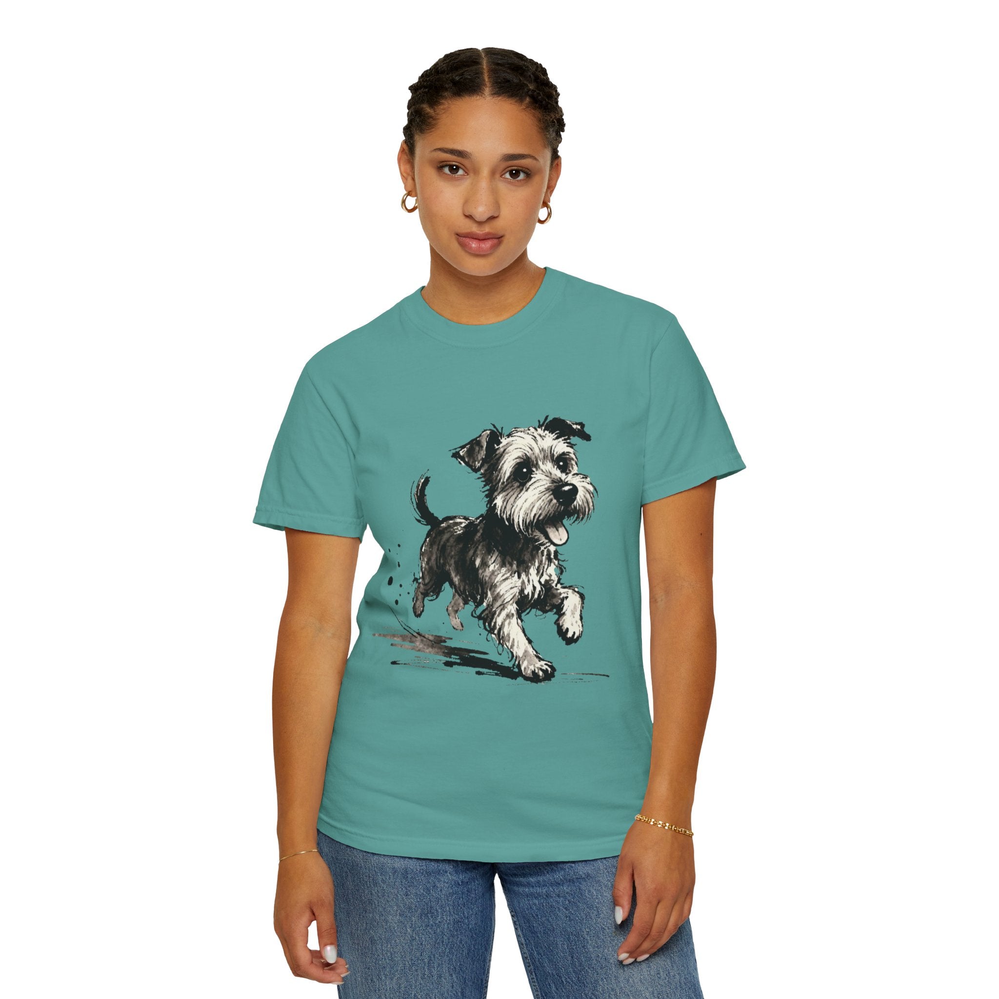 Wire‑Haired Terrier Puppy Running T-Shirt — Energetic Ink Sketch Design