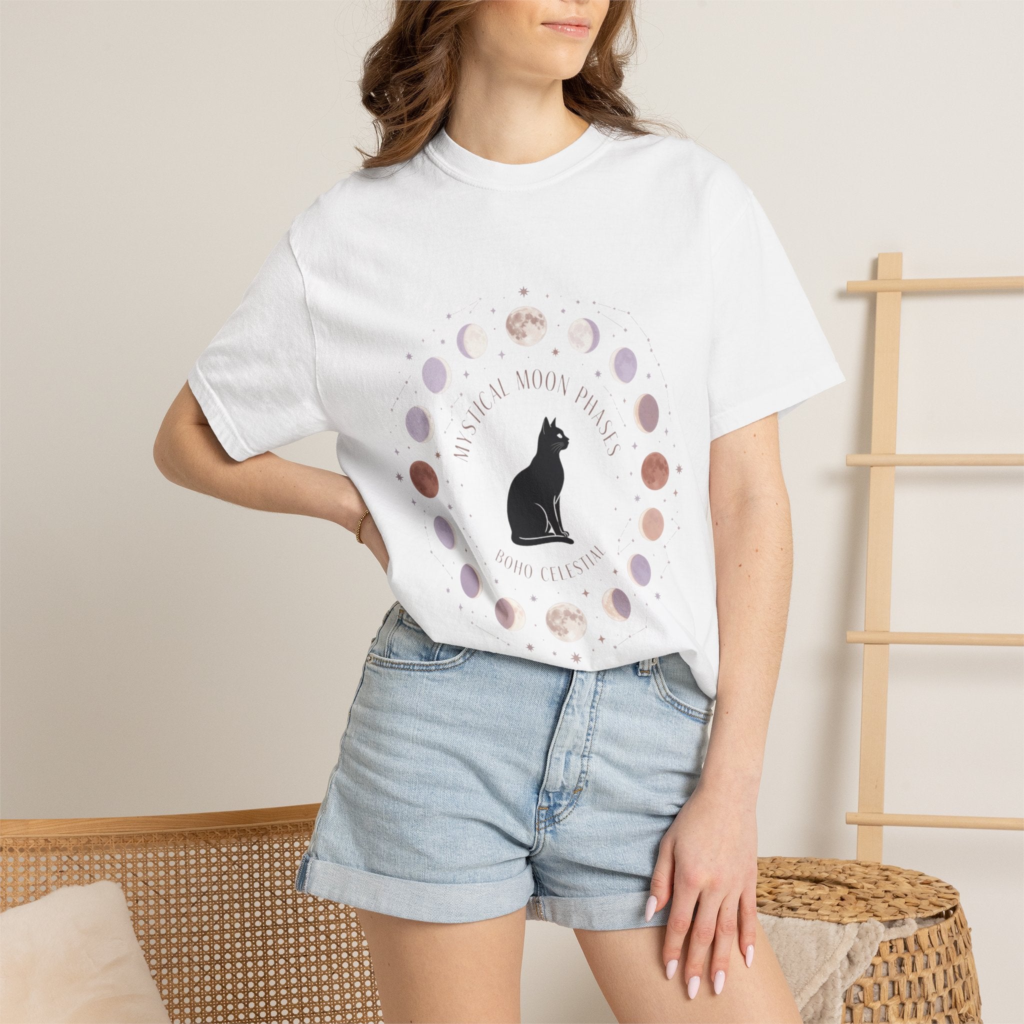 Mystical Moon Phases Boho Celestial T-Shirt — Black Cat Moon Phase Design