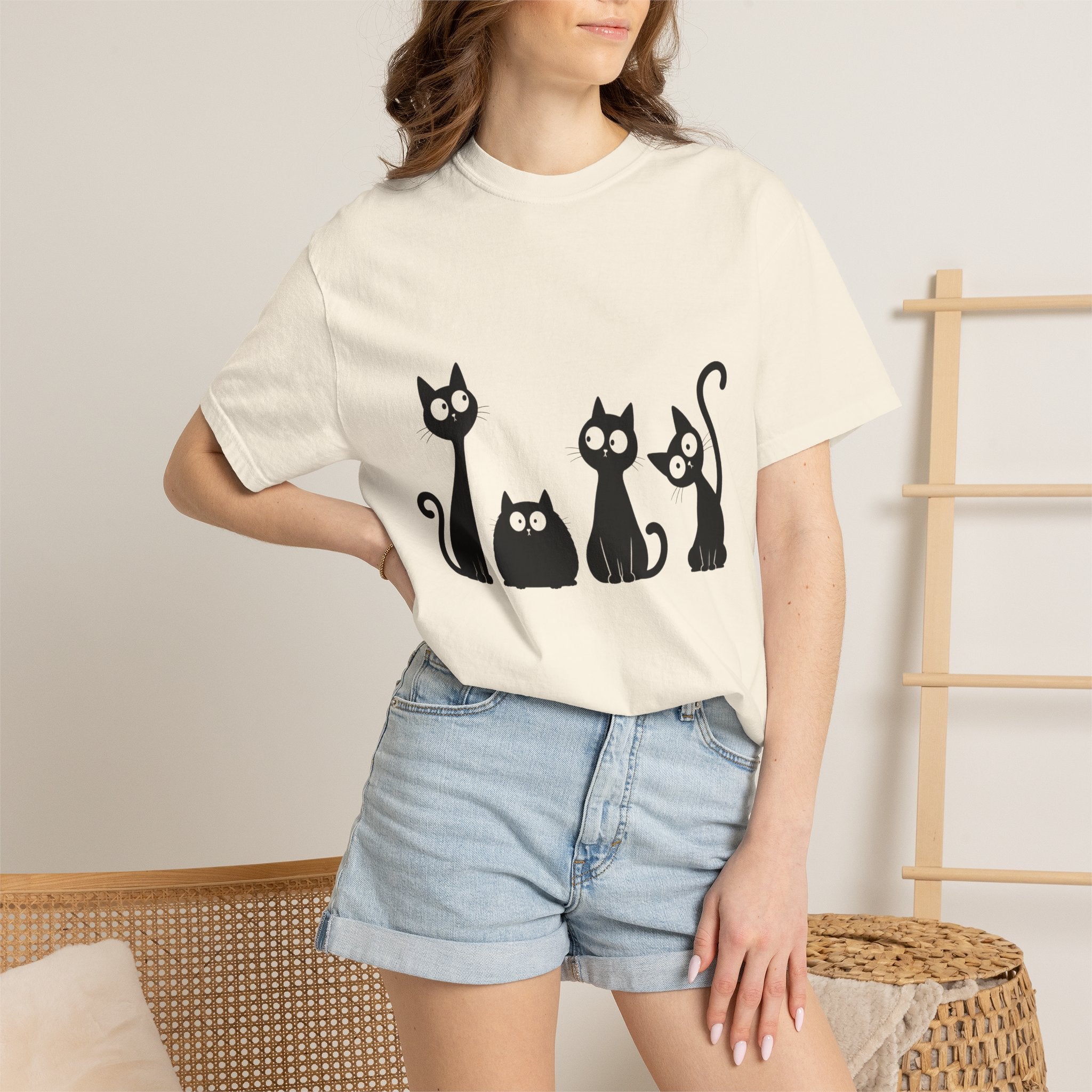Funny Quirky Black Cats T-Shirt — Minimal Silhouette Cartoon Cat Tee