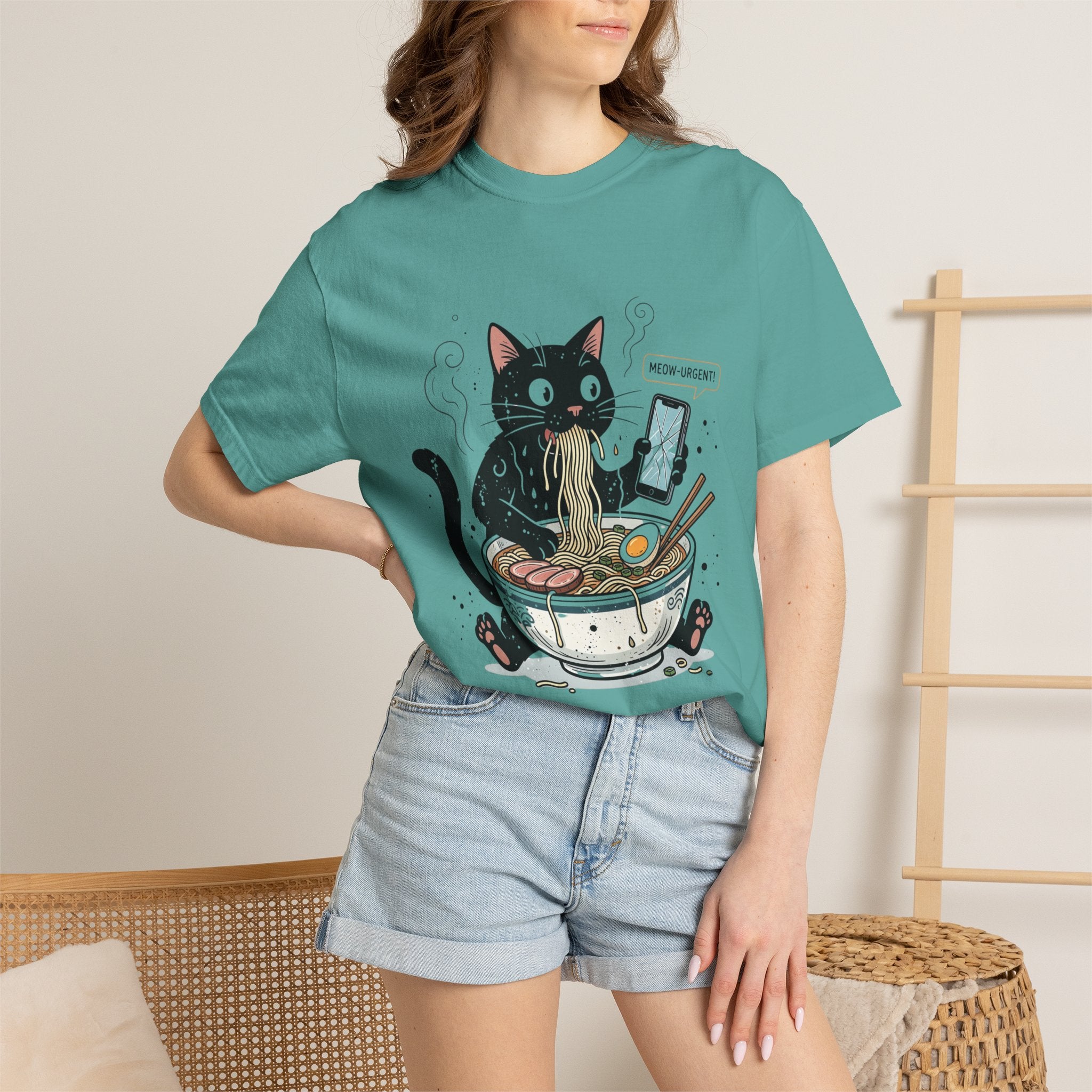 Startled Black Cat Eating Ramen T-Shirt — "MEOW-URGENT!"