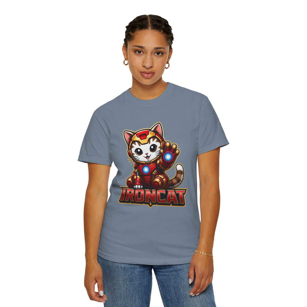 IRONCAT Tabby Kitten Graphic T-Shirt — Cute Chibi Superhero Tee