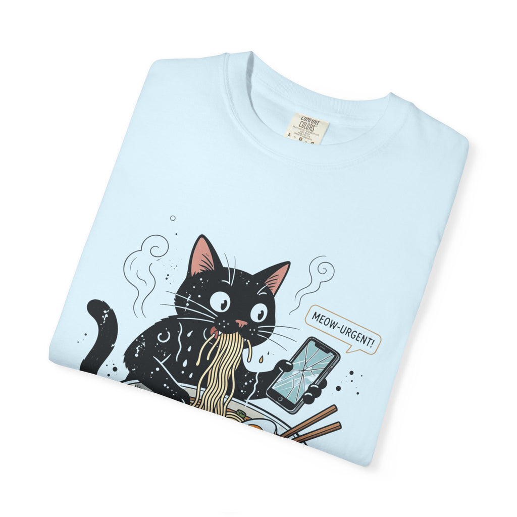 Startled Black Cat Eating Ramen T-Shirt — "MEOW-URGENT!"