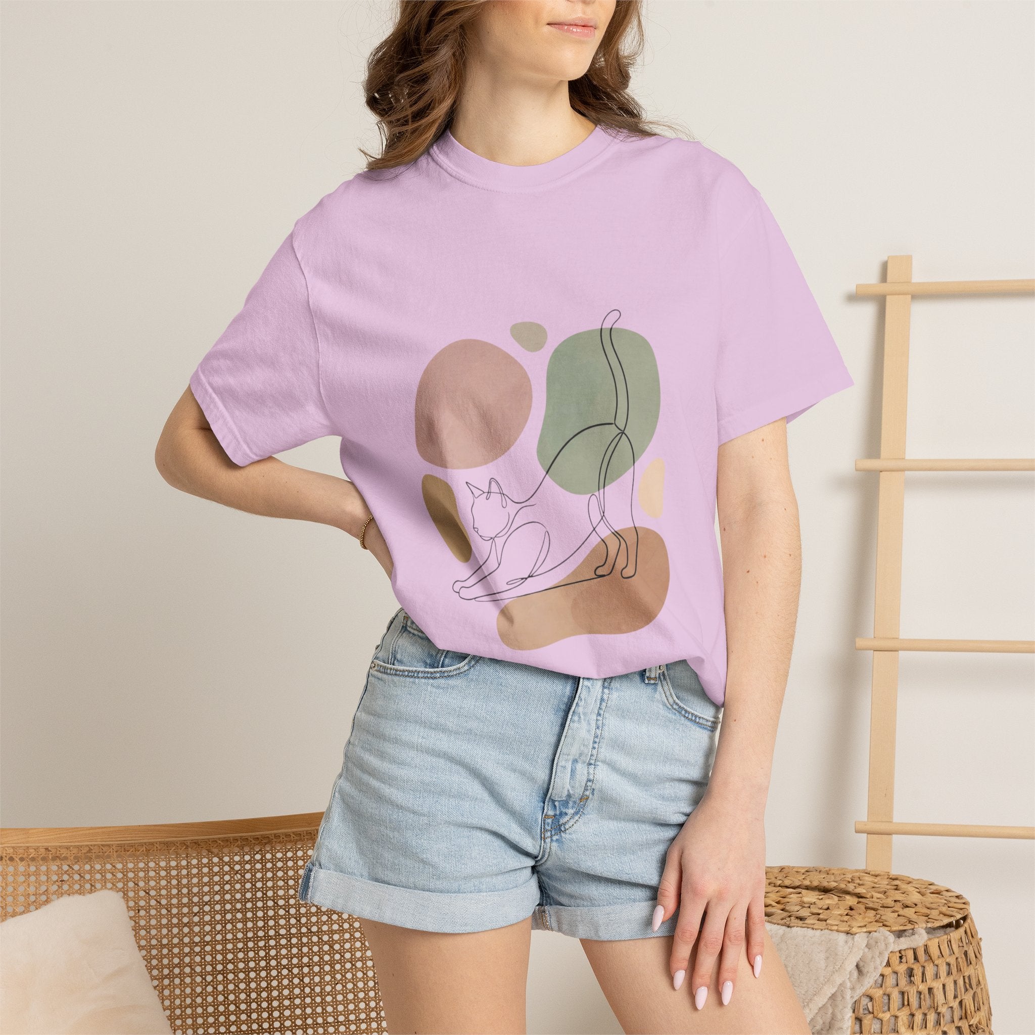 Cat Stretch Line Art T-Shirt — Minimal Boho Scandinavian Pet Graphic
