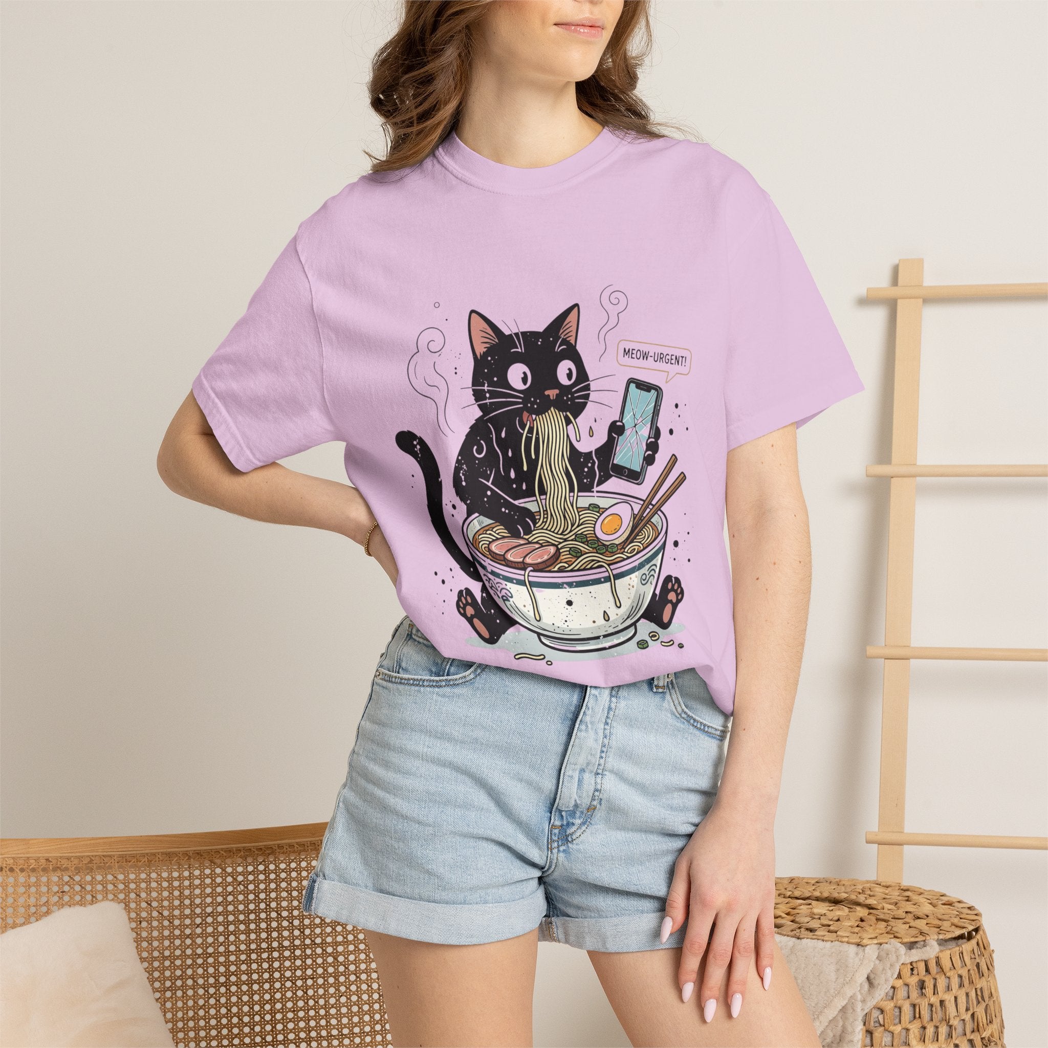 Startled Black Cat Eating Ramen T-Shirt — "MEOW-URGENT!"