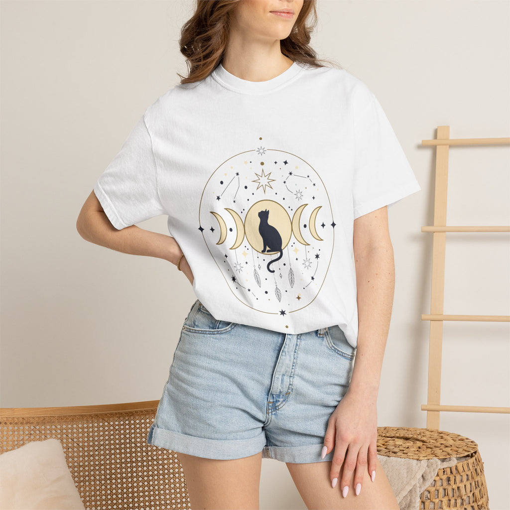 Celestial Cat Moon Phases T-Shirt — Gold & Black Cat Astronomy Tee