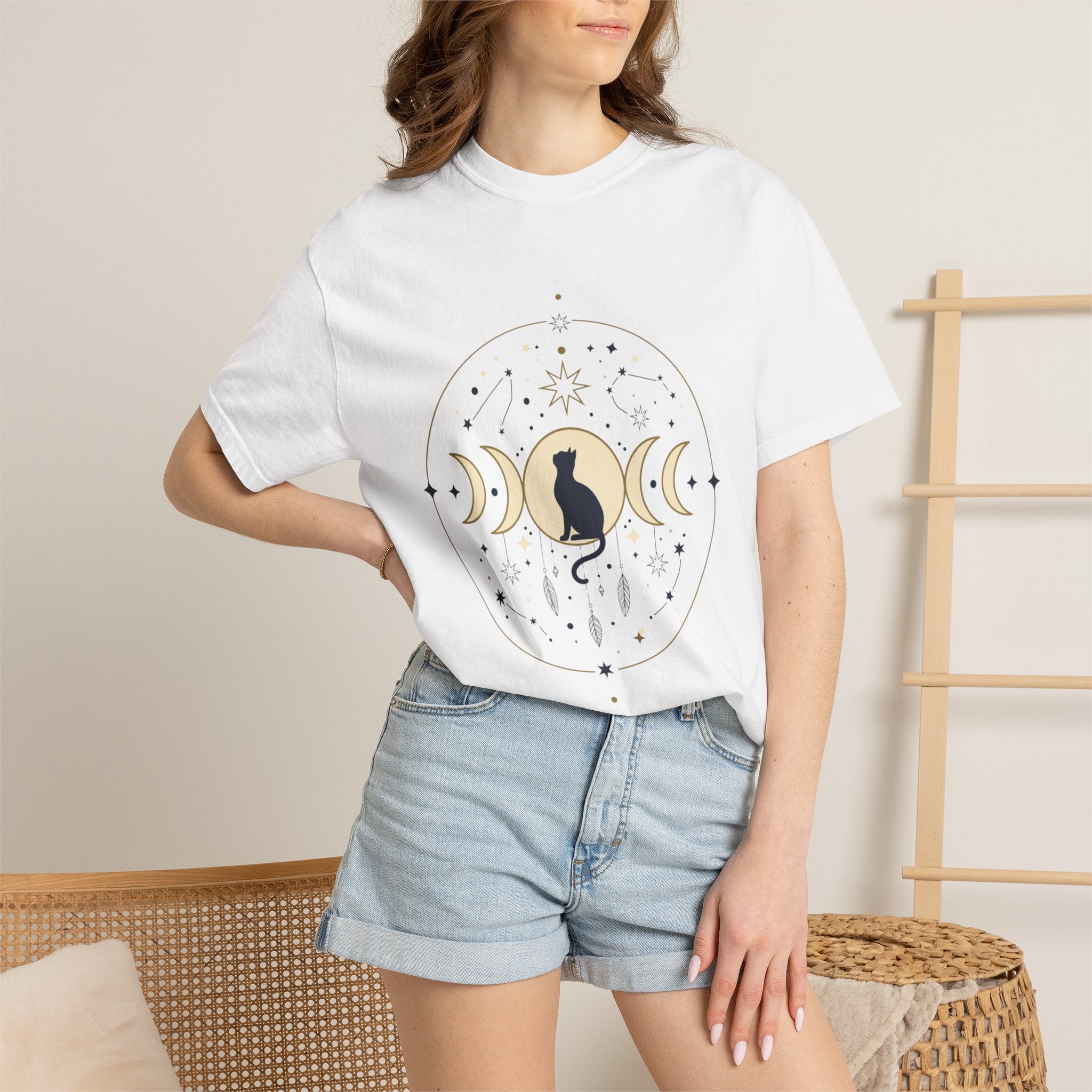 Celestial Cat Moon Phases T-Shirt — Gold & Black Cat Astronomy Tee