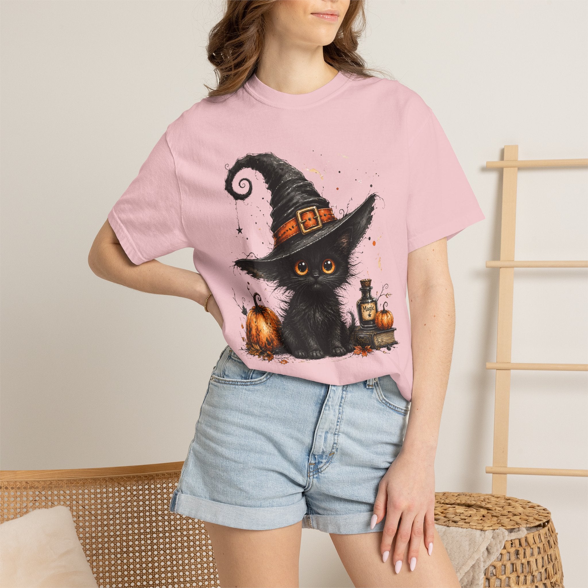 Fluffy Black Kitten Witch T-Shirt — 'Magic' Spellbook Halloween Tee