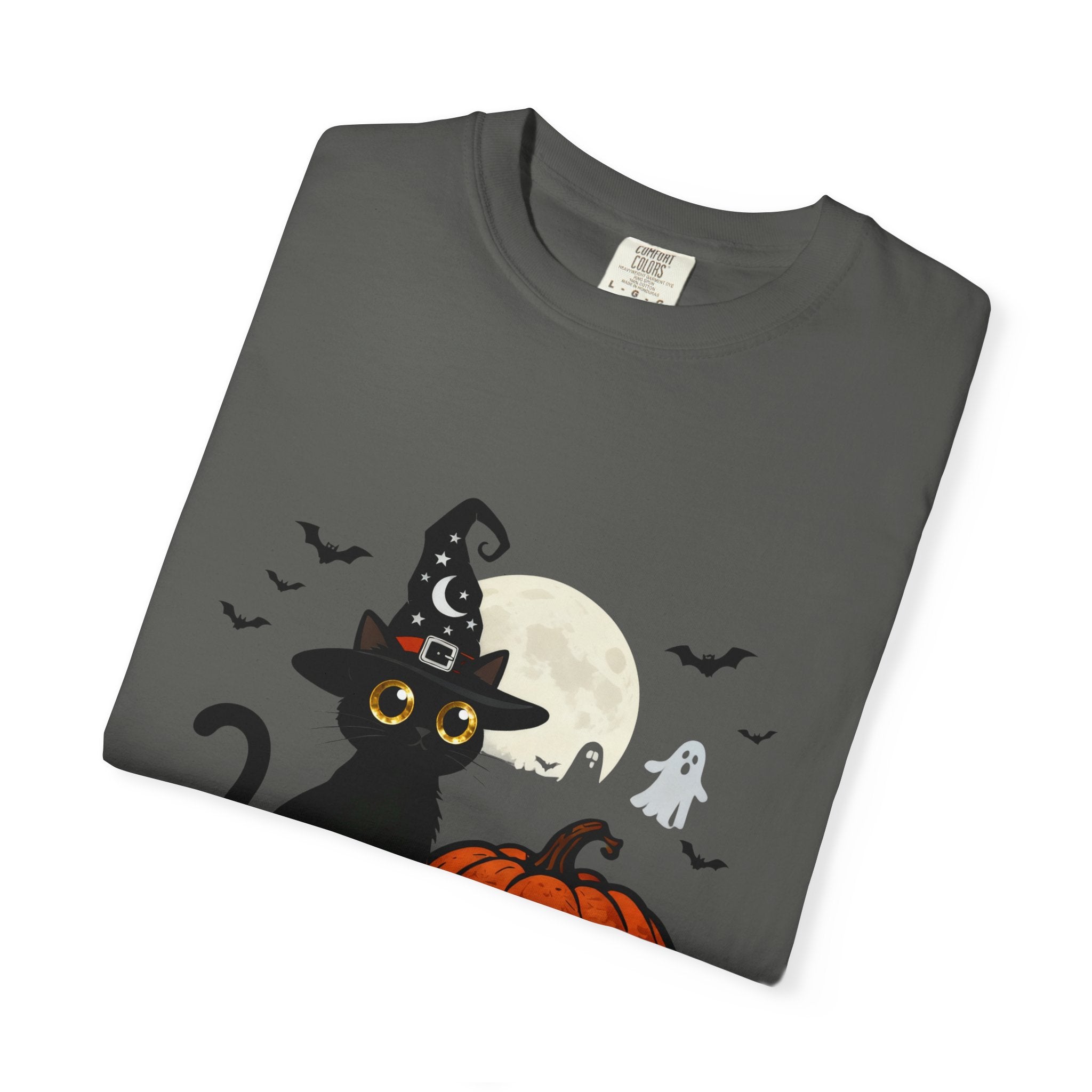 Halloween Black Cat T-Shirt — Cute Witch Hat Pumpkin Moon Design