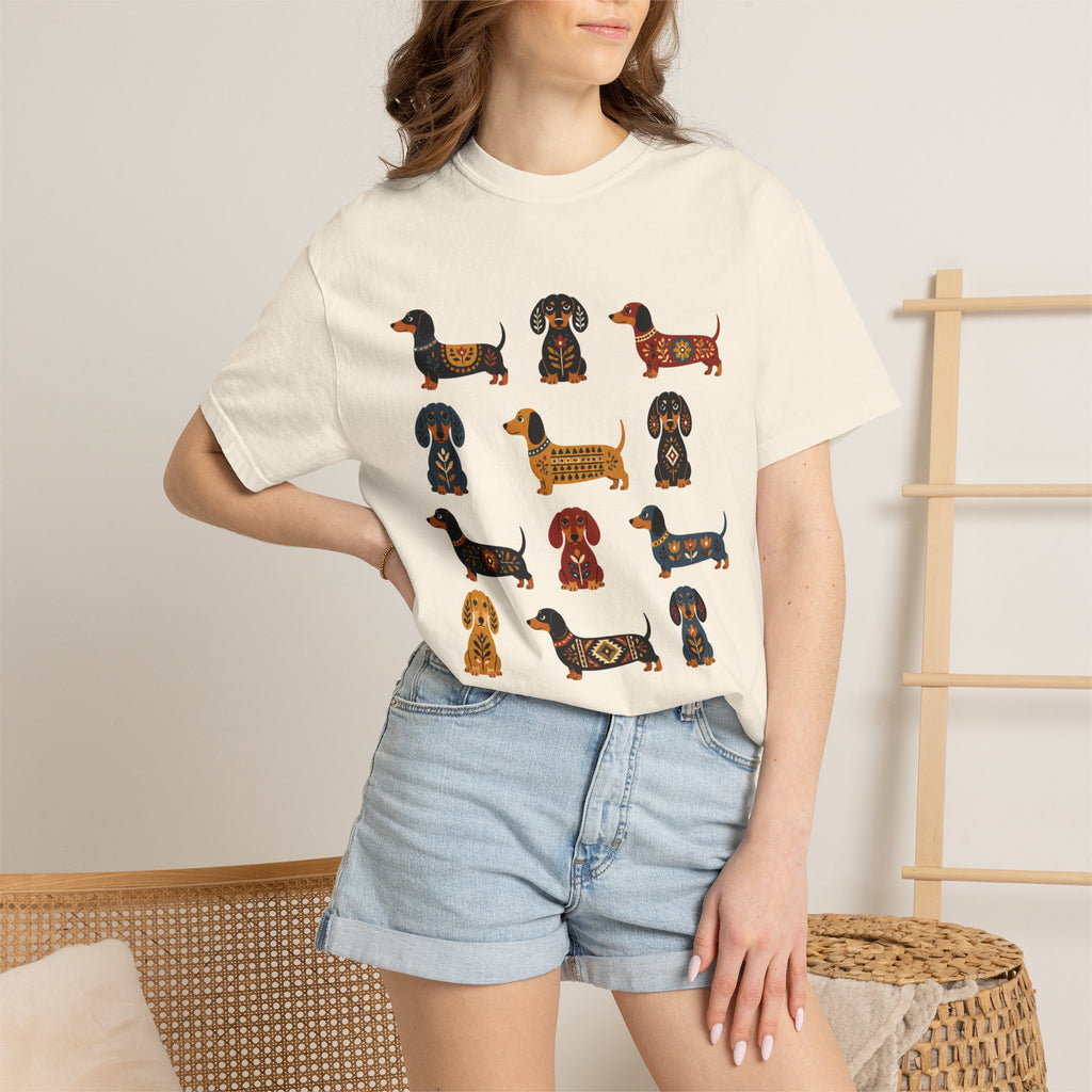 Dachshund Folk Art T-Shirt — 12 Nordic Pattern Wiener Dogs