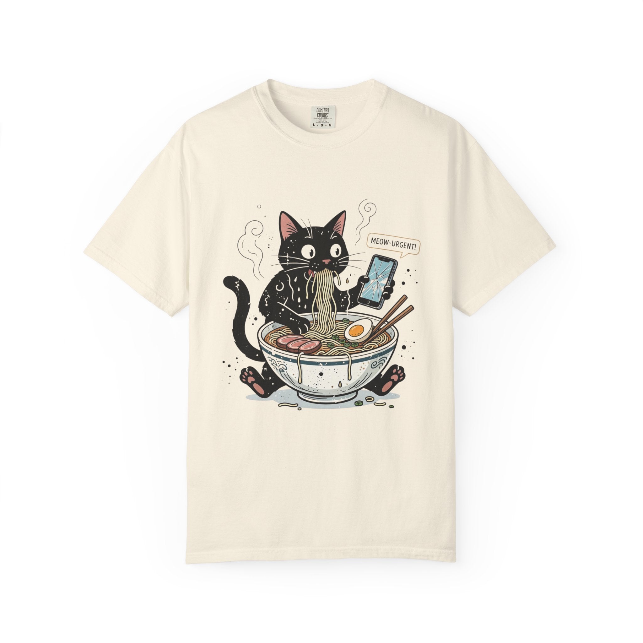 Startled Black Cat Eating Ramen T-Shirt — "MEOW-URGENT!"