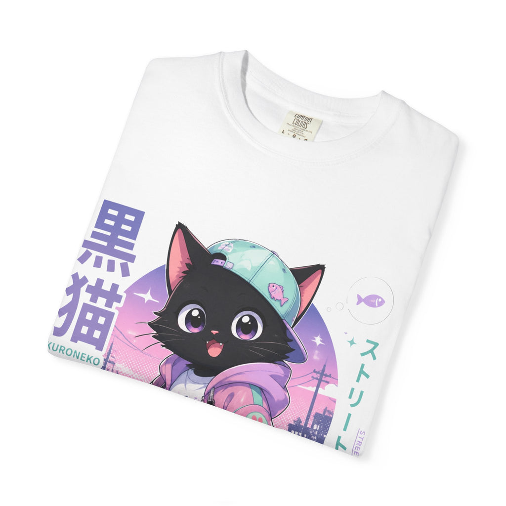 Chibi Black Cat Streetwear T-Shirt — Pastel Anime Cityscape (Kanji Accent)