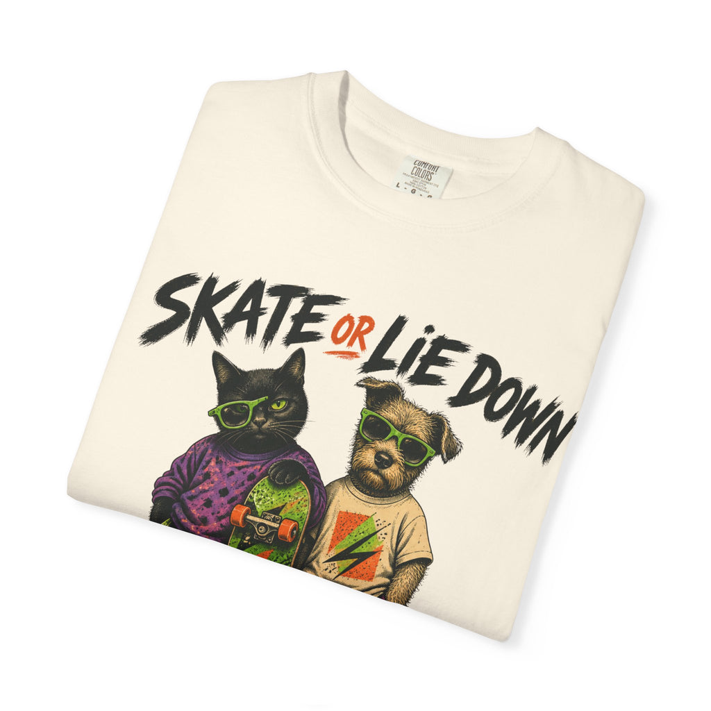Skate or Lie Down T-Shirt — 90s Retro Skate Cat & Dog Graphic