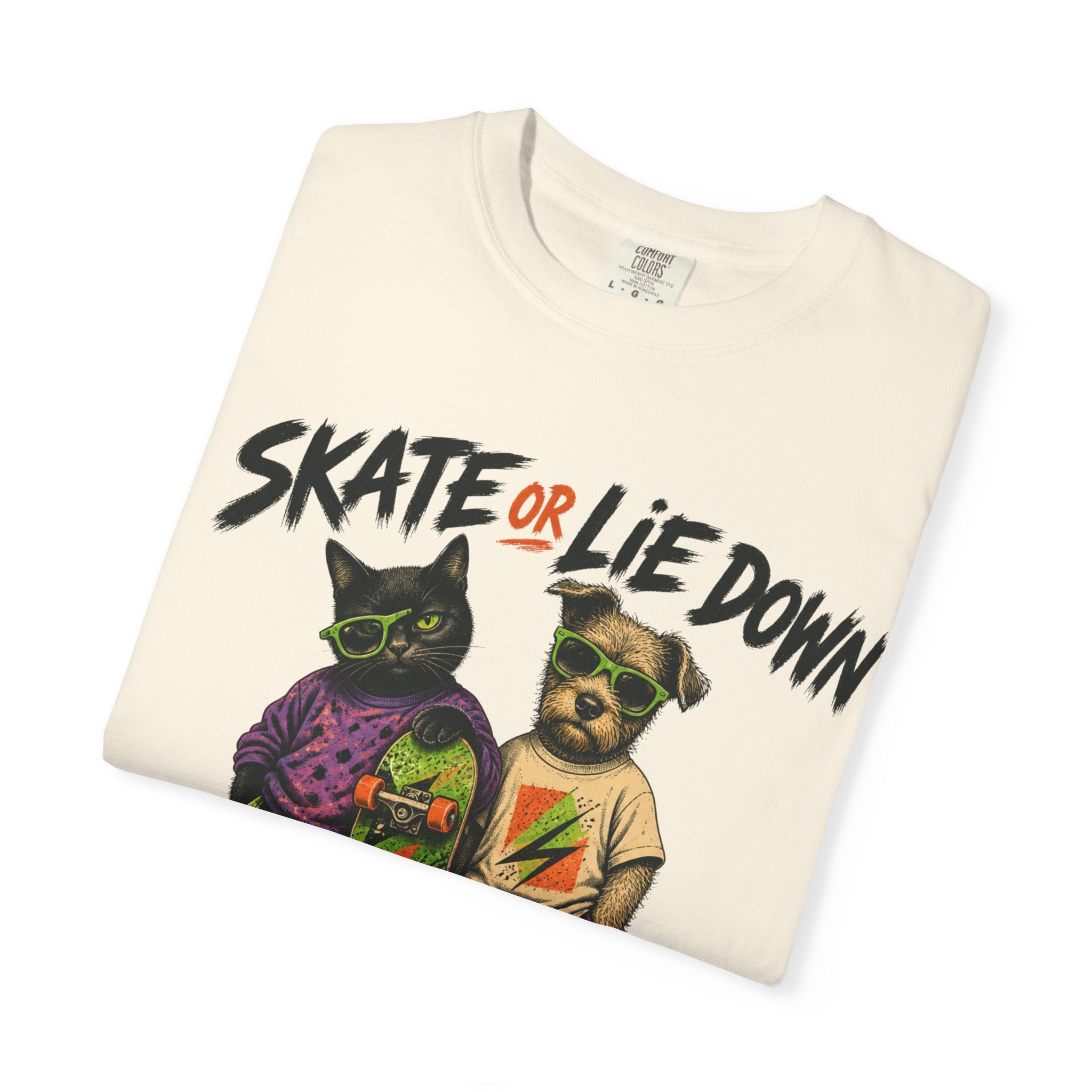 Skate or Lie Down T-Shirt — 90s Retro Skate Cat & Dog Graphic