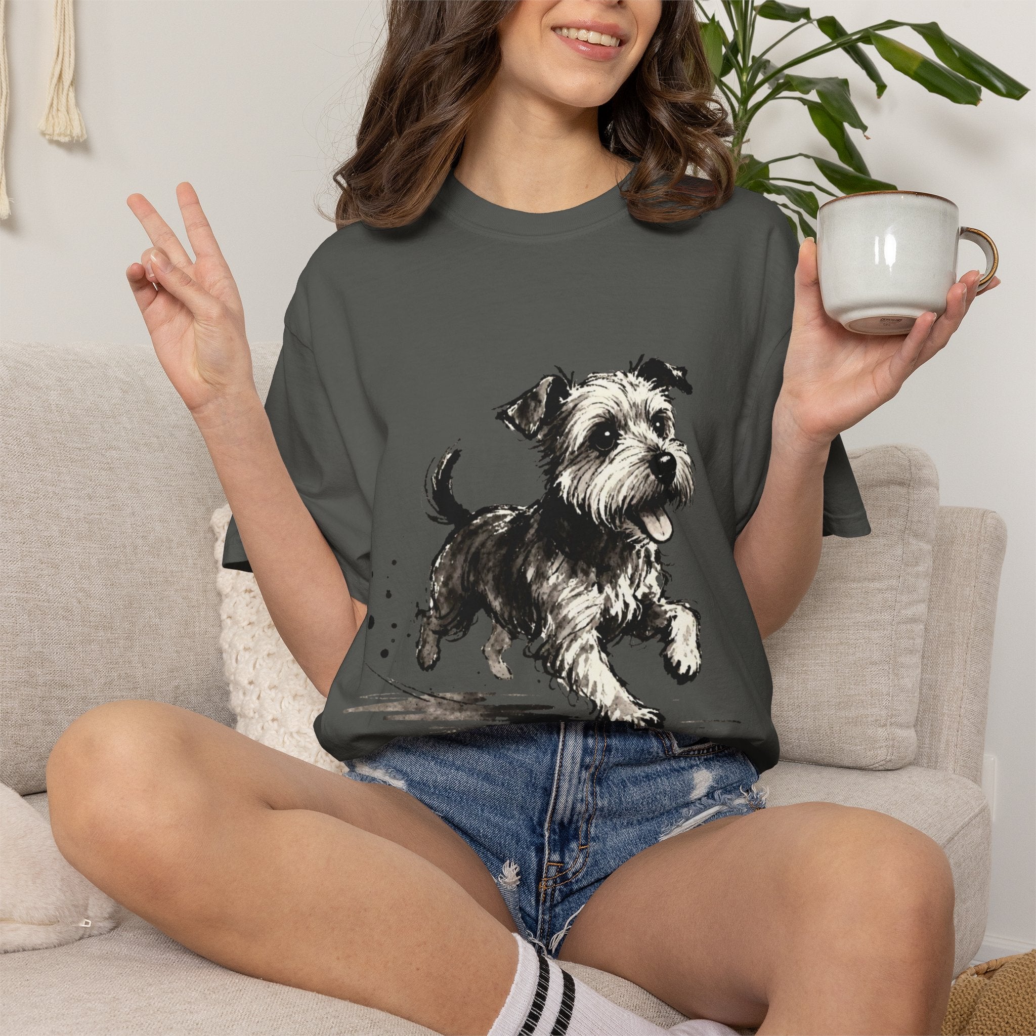Wire‑Haired Terrier Puppy Running T-Shirt — Energetic Ink Sketch Design
