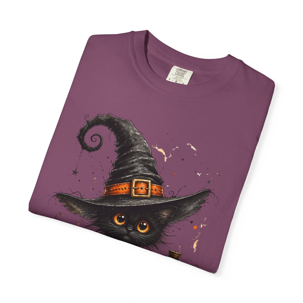 Fluffy Black Kitten Witch T-Shirt — 'Magic' Spellbook Halloween Tee