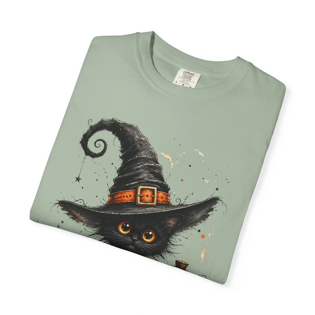 Fluffy Black Kitten Witch T-Shirt — 'Magic' Spellbook Halloween Tee
