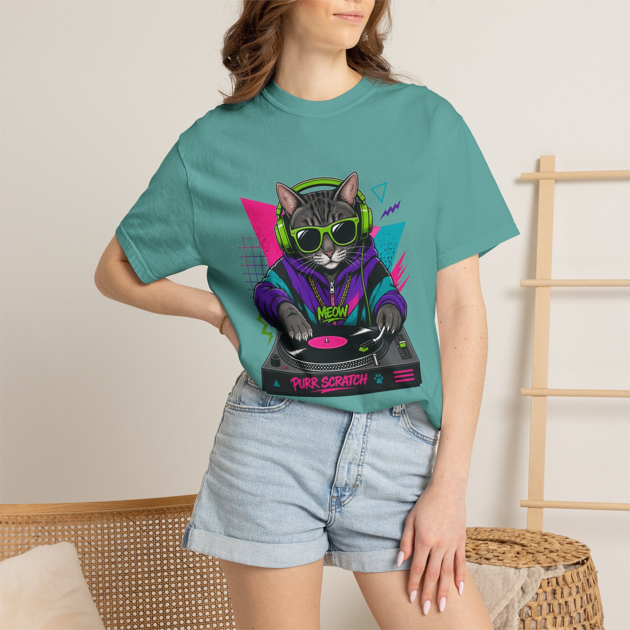 Purr Scratch DJ Cat T-Shirt — Retro 90s Neon Vinyl Graphic Tee