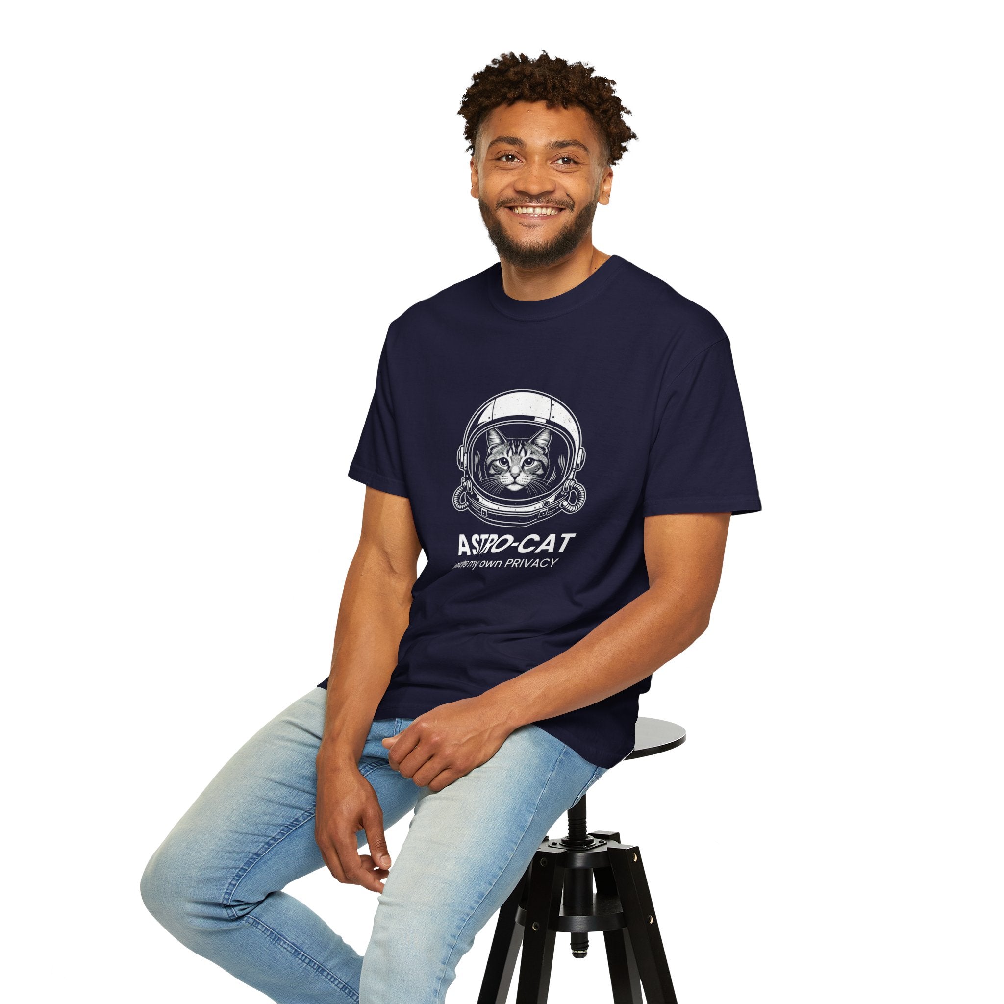 Astro-Cat Tabby Helmet T-Shirt — "explore my own PRIVACY" Retro Space Tee