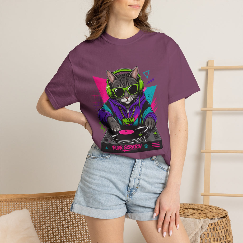 Purr Scratch DJ Cat T-Shirt — Retro 90s Neon Vinyl Graphic Tee