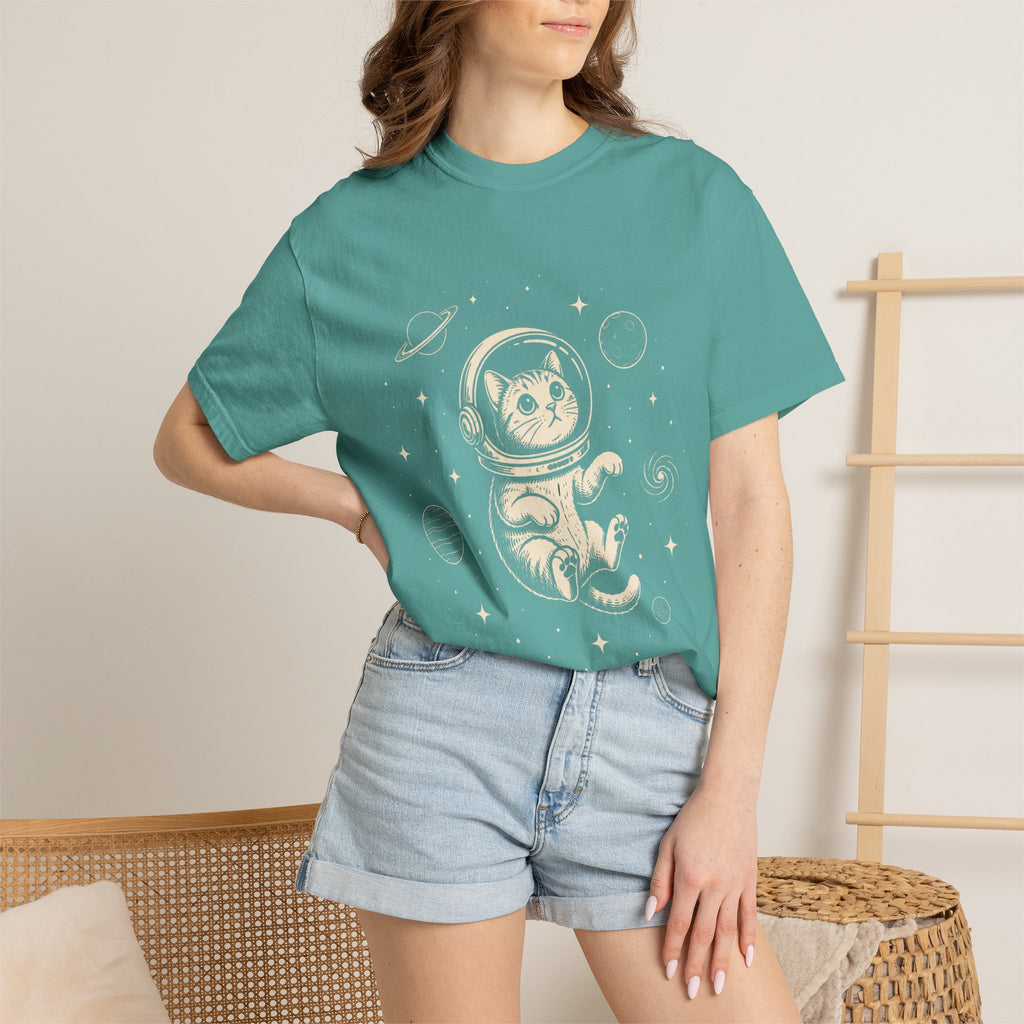 Tabby Astronaut Kitten T-Shirt — Whimsical Space Cat Line Art