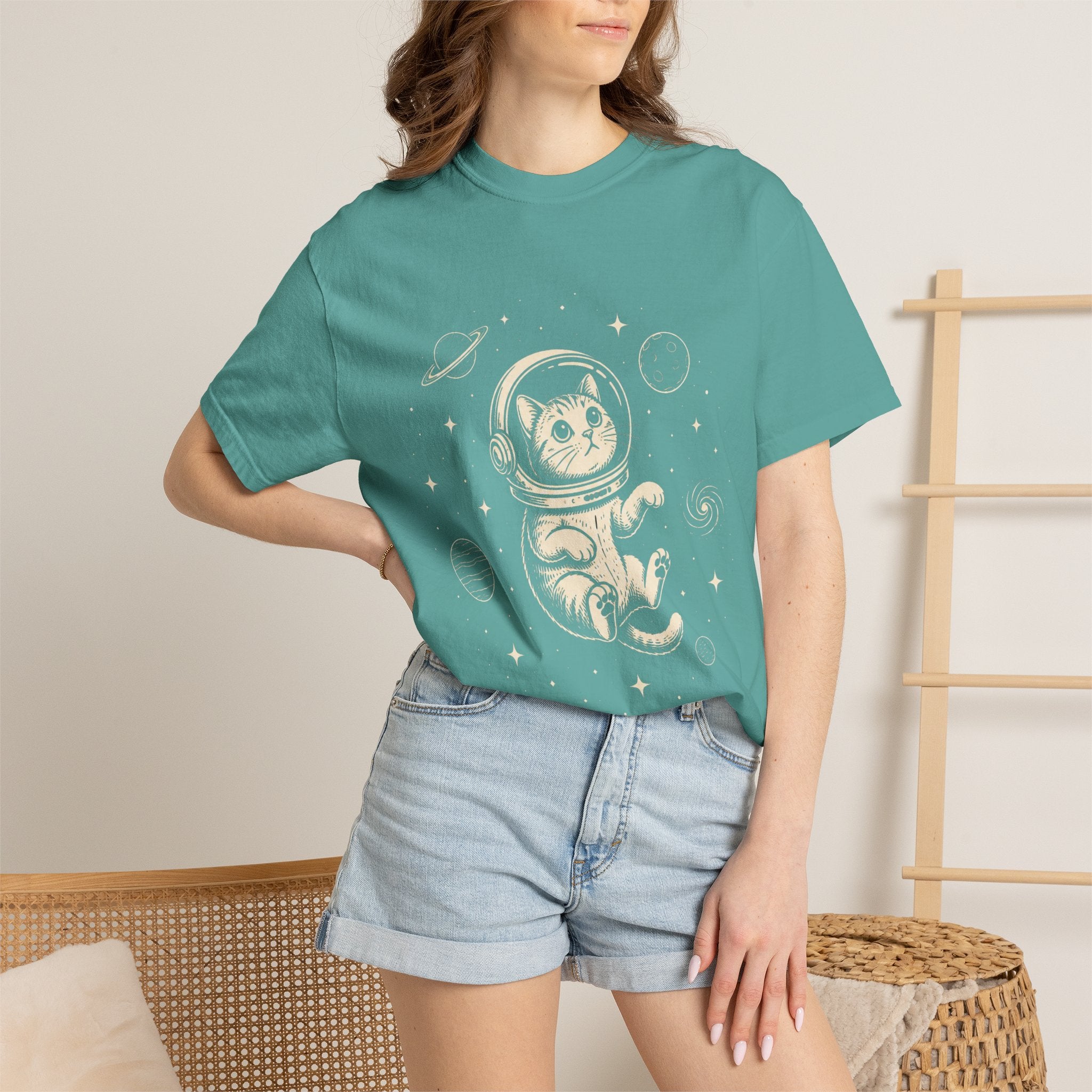 Tabby Astronaut Kitten T-Shirt — Whimsical Space Cat Line Art