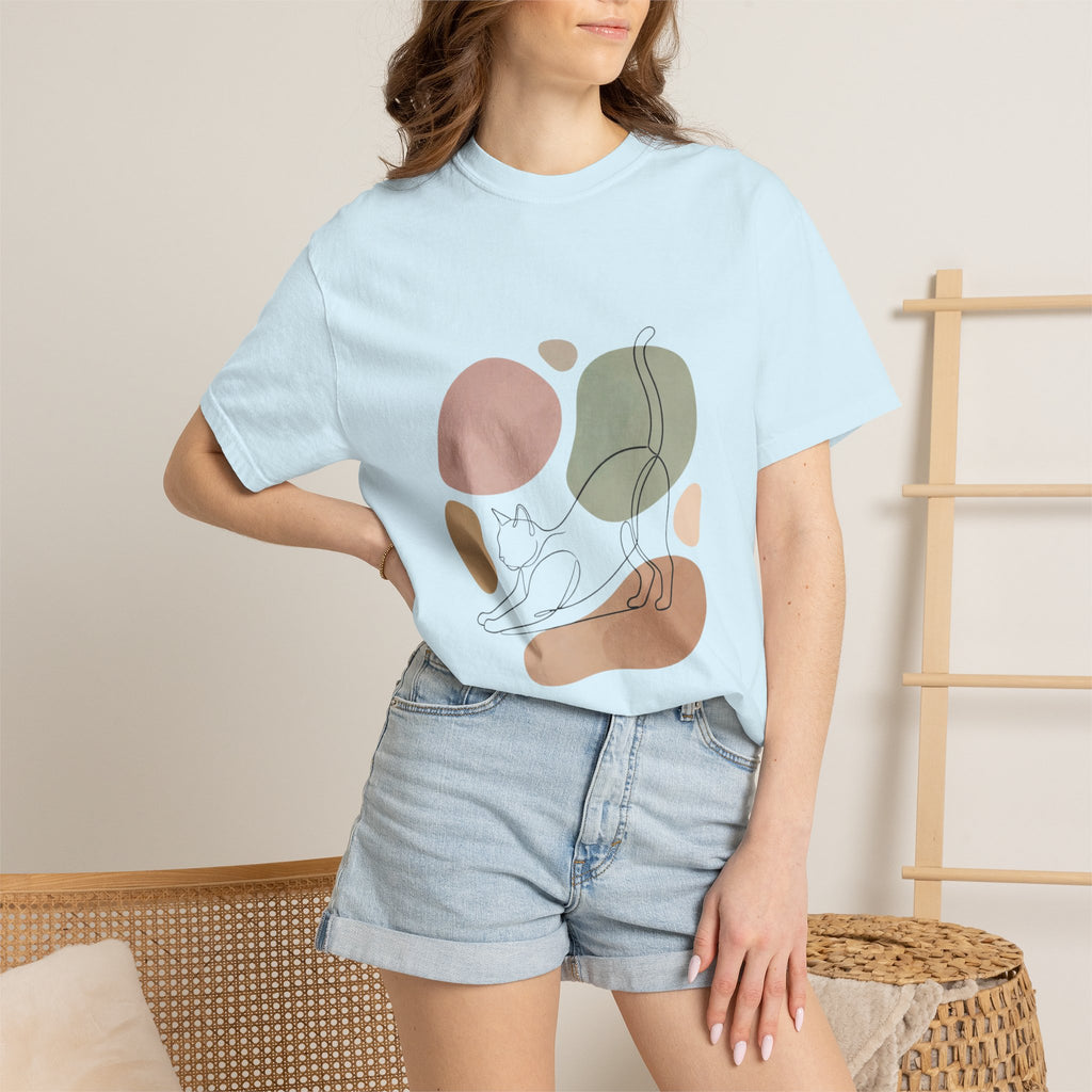 Cat Stretch Line Art T-Shirt — Minimal Boho Scandinavian Pet Graphic