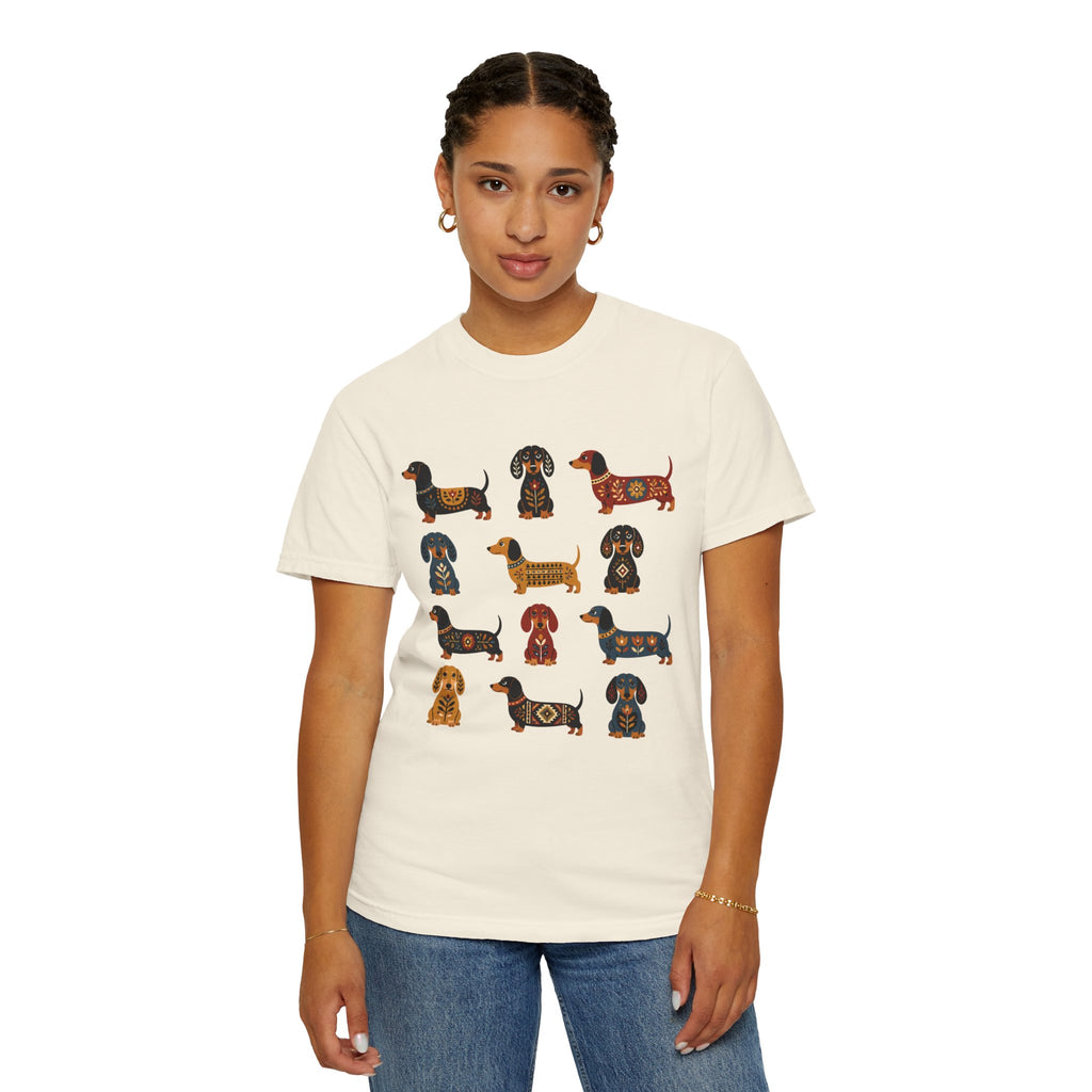 Dachshund Folk Art T-Shirt — 12 Nordic Pattern Wiener Dogs