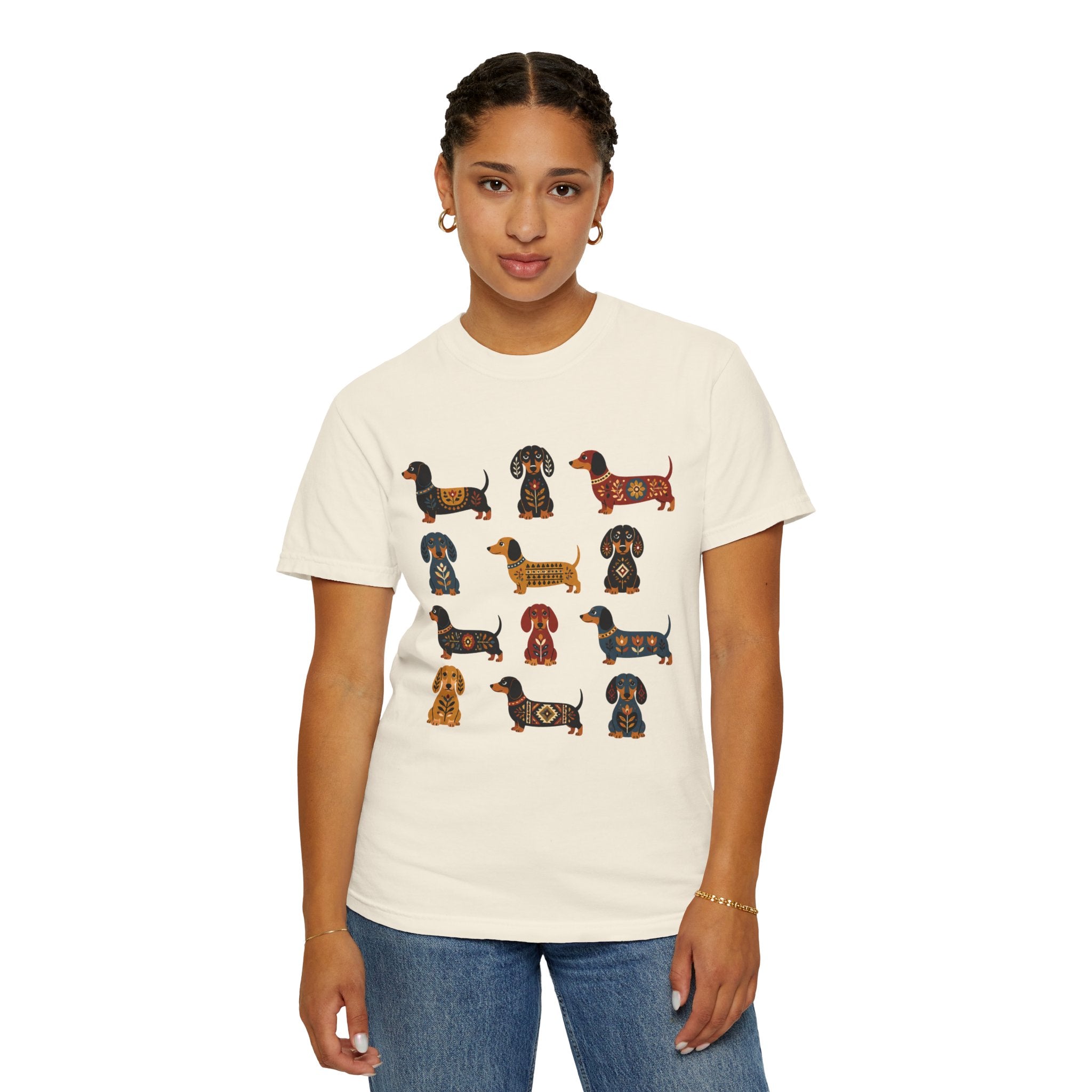 Dachshund Folk Art T-Shirt — 12 Nordic Pattern Wiener Dogs