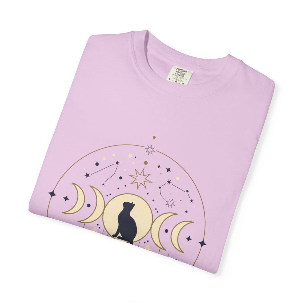 Celestial Cat Moon Phases T-Shirt — Gold & Black Cat Astronomy Tee
