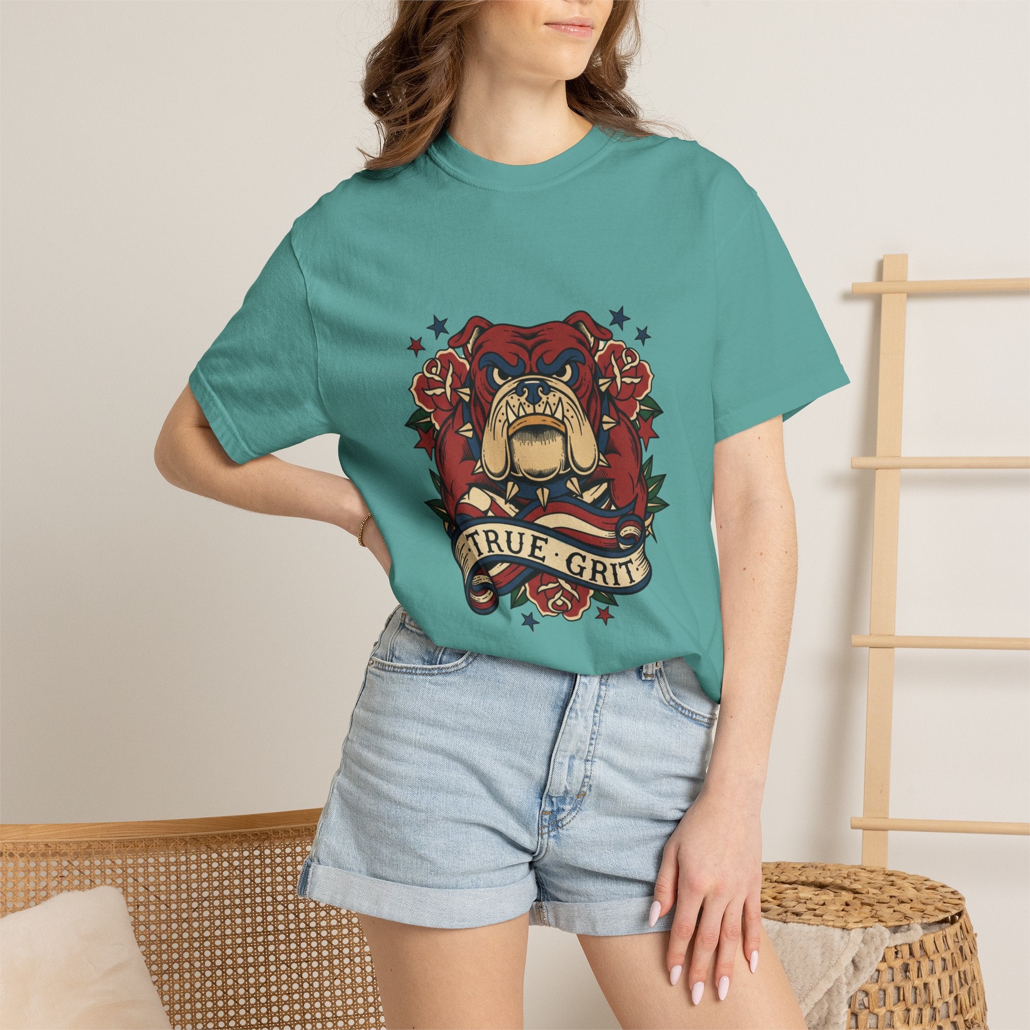 True Grit English Bulldog T-Shirt — Traditional Tattoo Rose Design