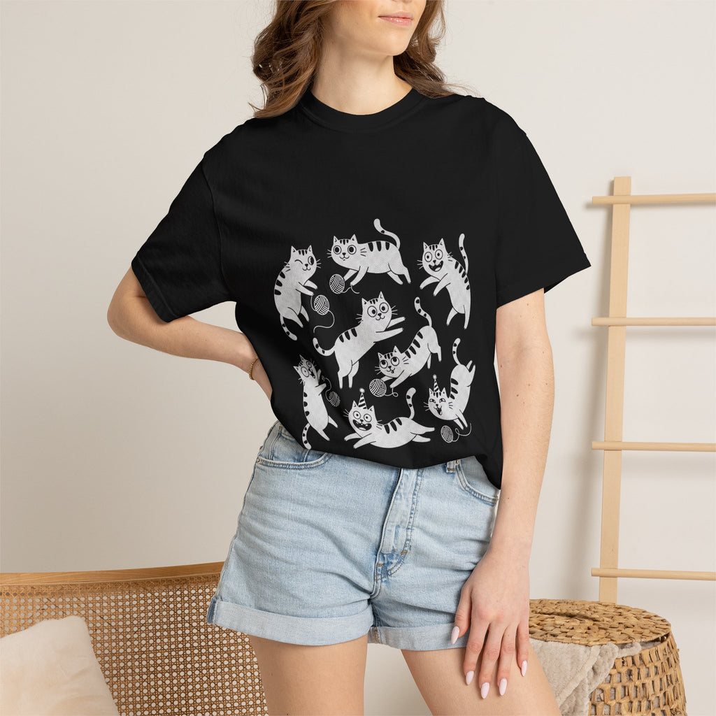 Cute White Tabby Cats Pattern T-Shirt — Playful Birthday Cats & Yarn