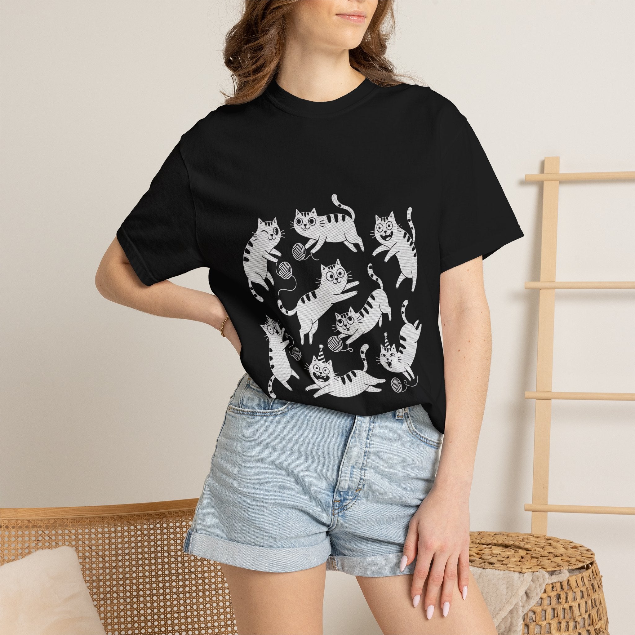 Cute White Tabby Cats Pattern T-Shirt — Playful Birthday Cats & Yarn