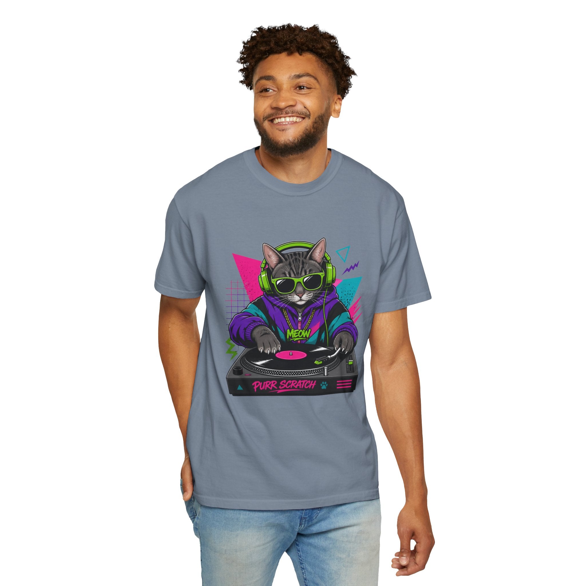 Purr Scratch DJ Cat T-Shirt — Retro 90s Neon Vinyl Graphic Tee