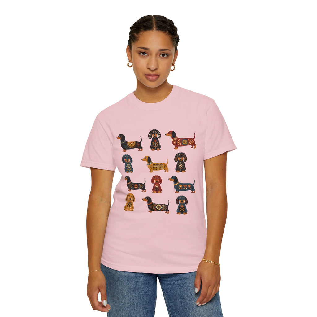 Dachshund Folk Art T-Shirt — 12 Nordic Pattern Wiener Dogs