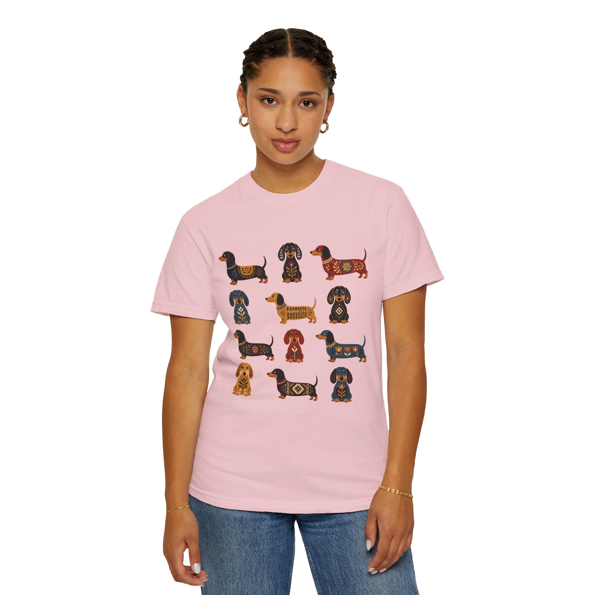 Dachshund Folk Art T-Shirt — 12 Nordic Pattern Wiener Dogs