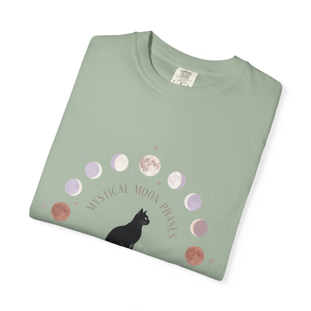 Mystical Moon Phases Boho Celestial T-Shirt — Black Cat Moon Phase Design